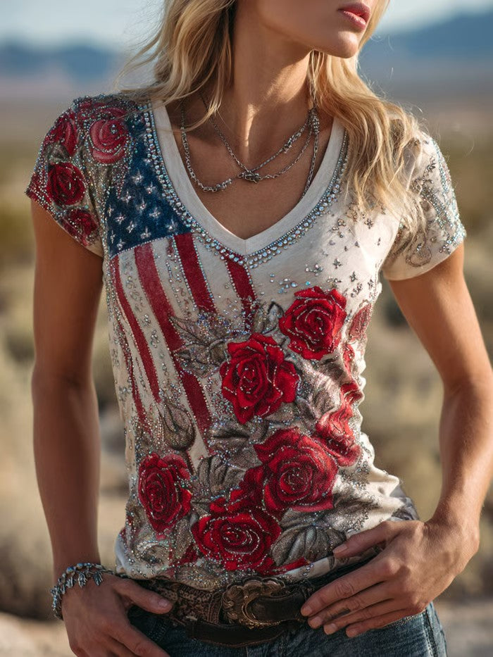 Women's America Flag Printed Casual V-neck T-Shirt