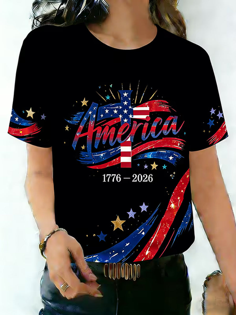 Women's Independence Day USA Flag Print Tee