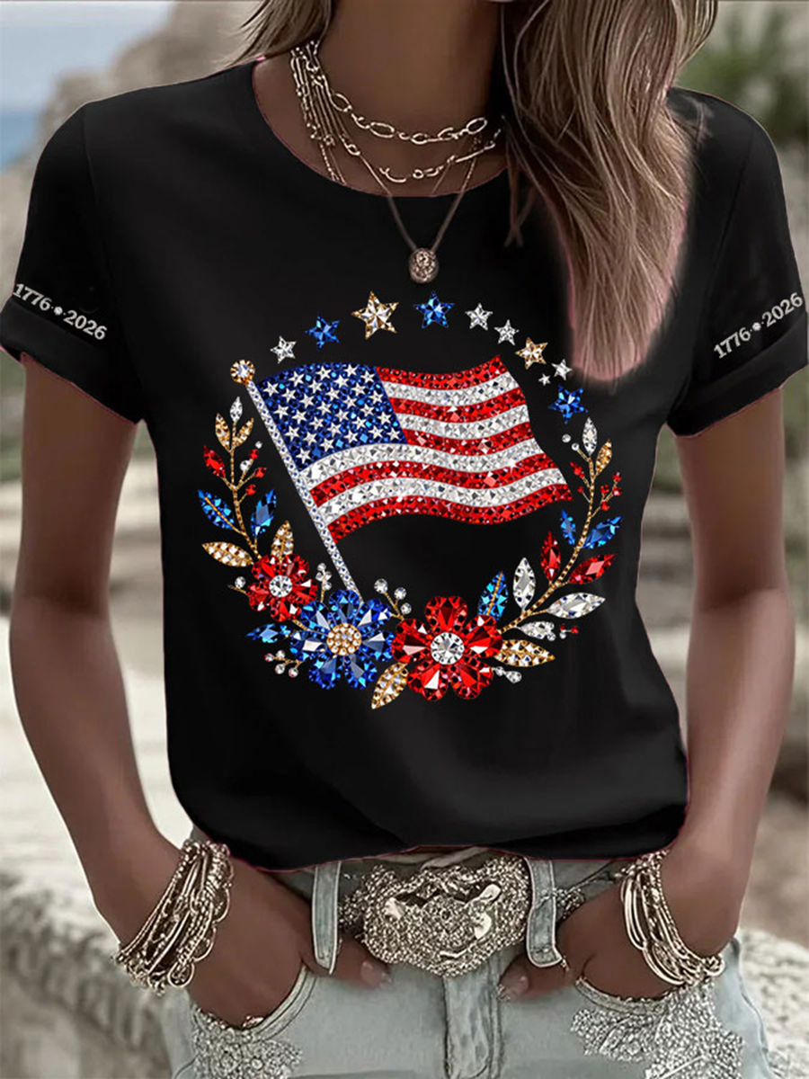 Women's American Flag Flowers Short-sleeved T-shirt