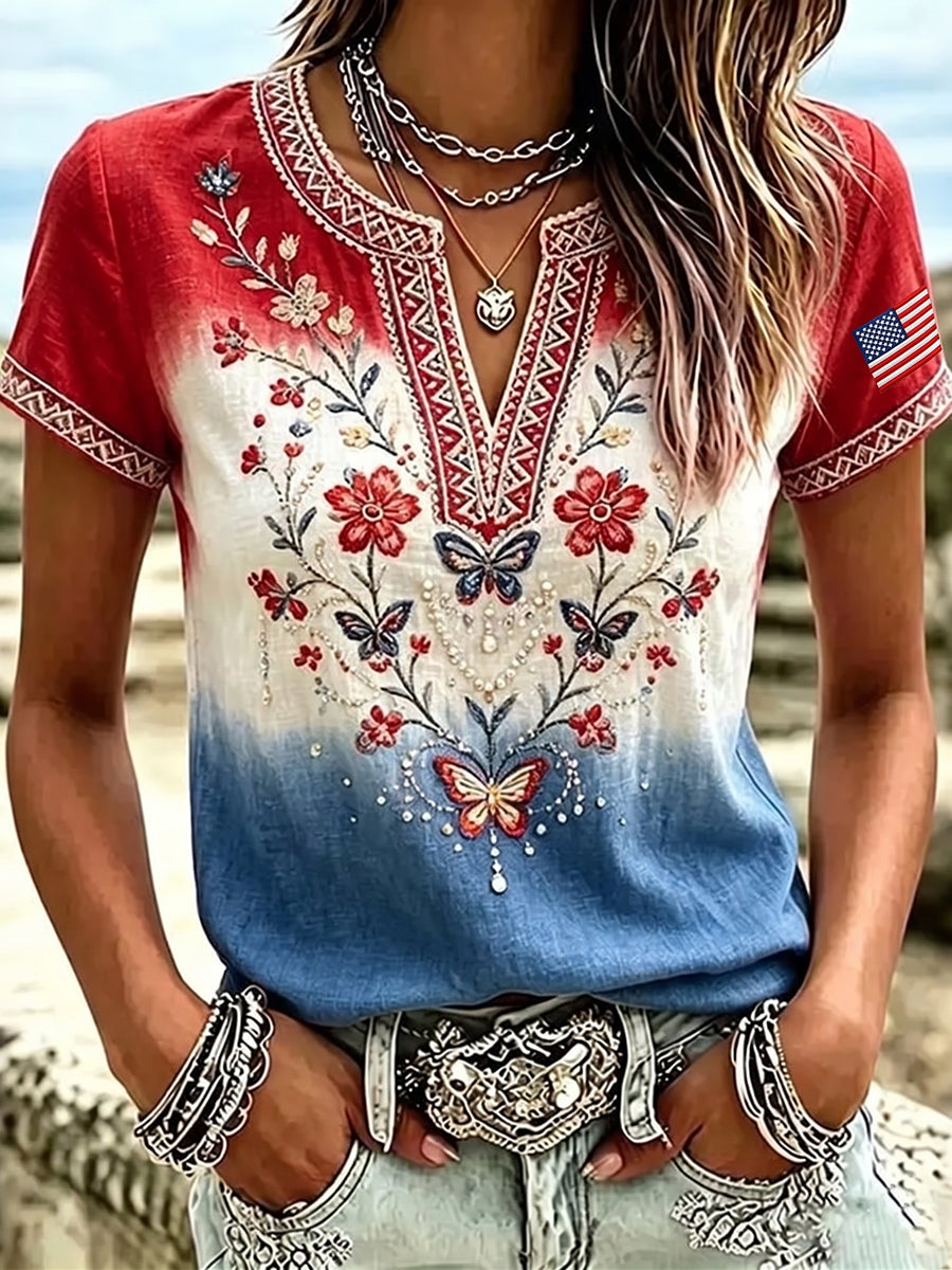 Women's Independence Day Flag & Floral Art Casual Cotton-Linen Shirt