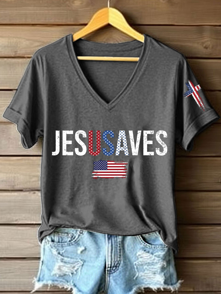 Women's Jesus Saves USA V-Neck T-Shirt