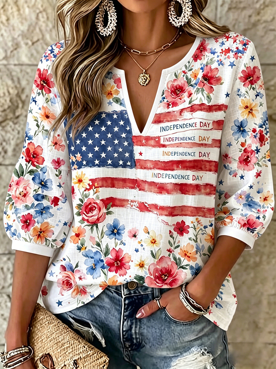 Women's Independence Day Flag & Floral Pattern Casual Top