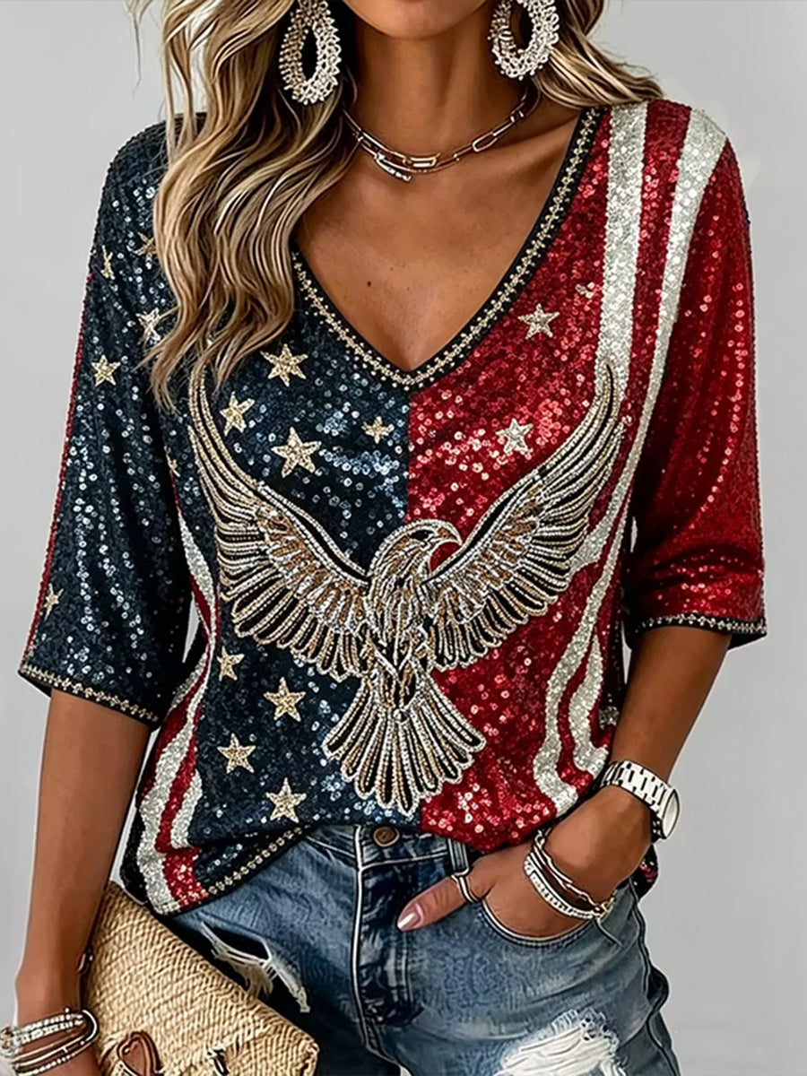 Women's Vintage Independence Day Eagle Art Print V-Neck T-Shirt