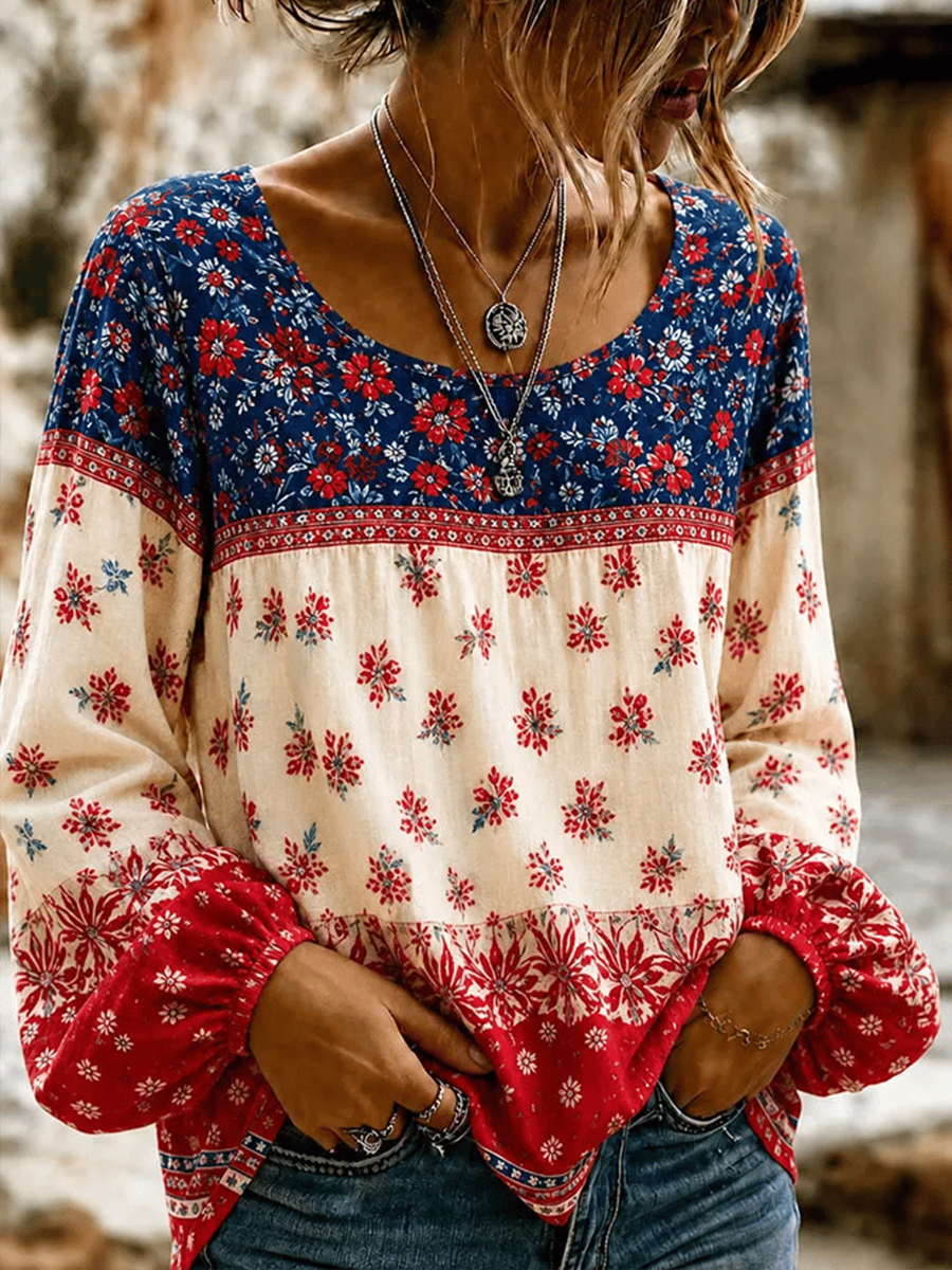 Women's American Flowers Cotton-Linen Shirt