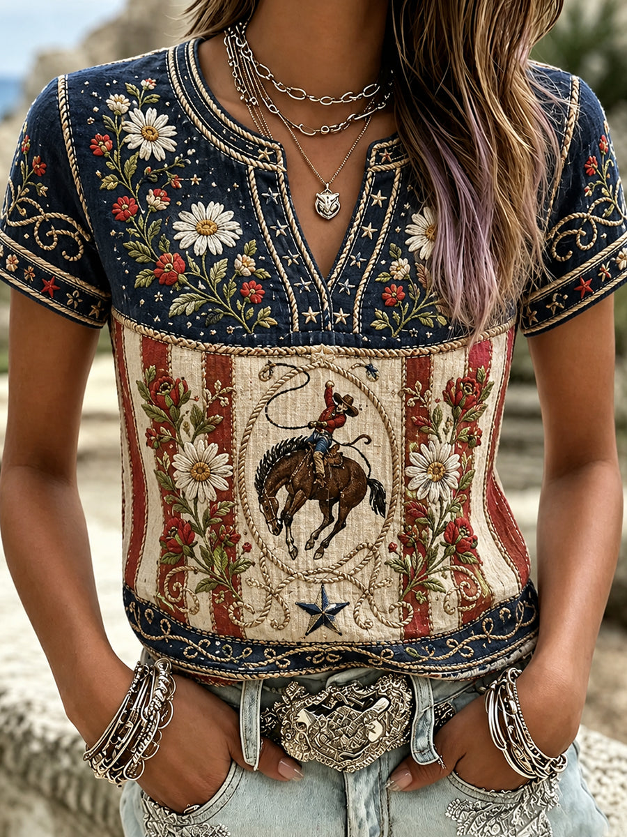 Women's Retro Embroidered Floral Art Print Casual Cotton Linen Comfortable T-shirt