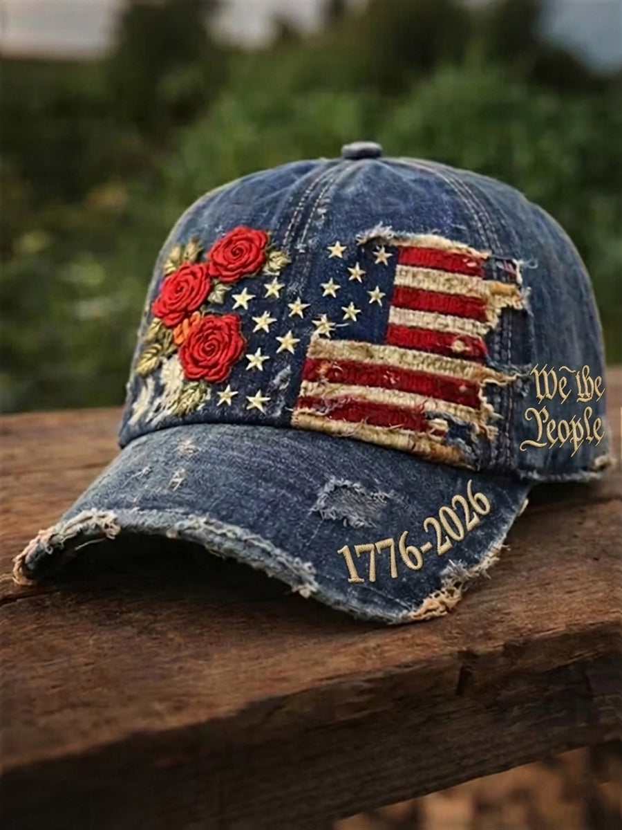 Unisex Vintage Independence Day Flag Flower Art Print Hat
