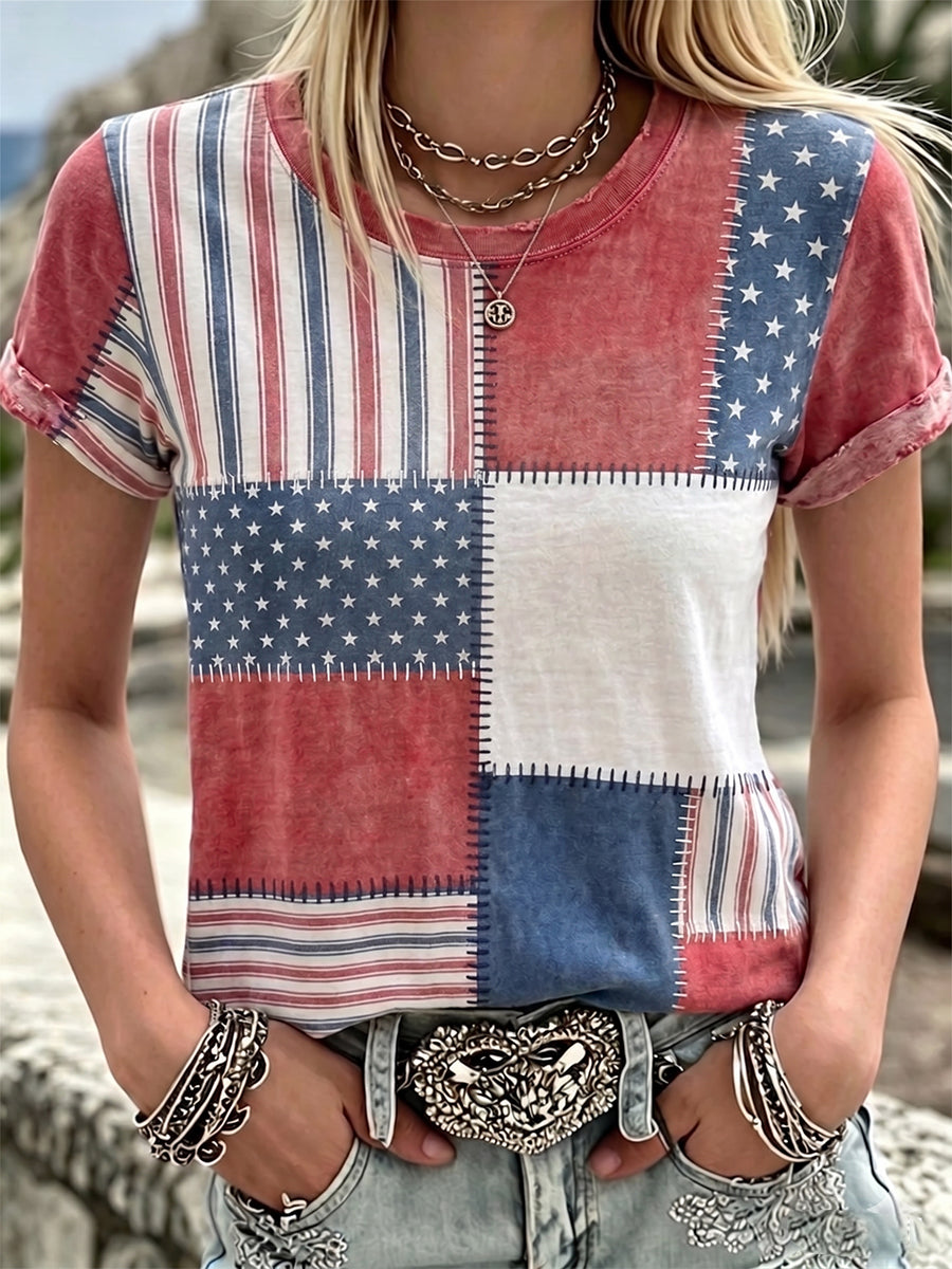 Women's Independence Day Red, White, Blue Striped Patchwork Short Sleeve T-shirt