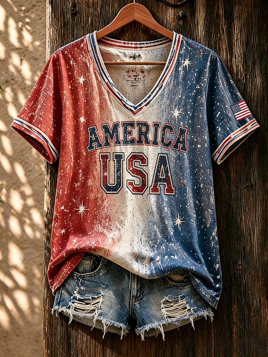 Women's Vintage American Flag V-neck Short Sleeve T-shirt