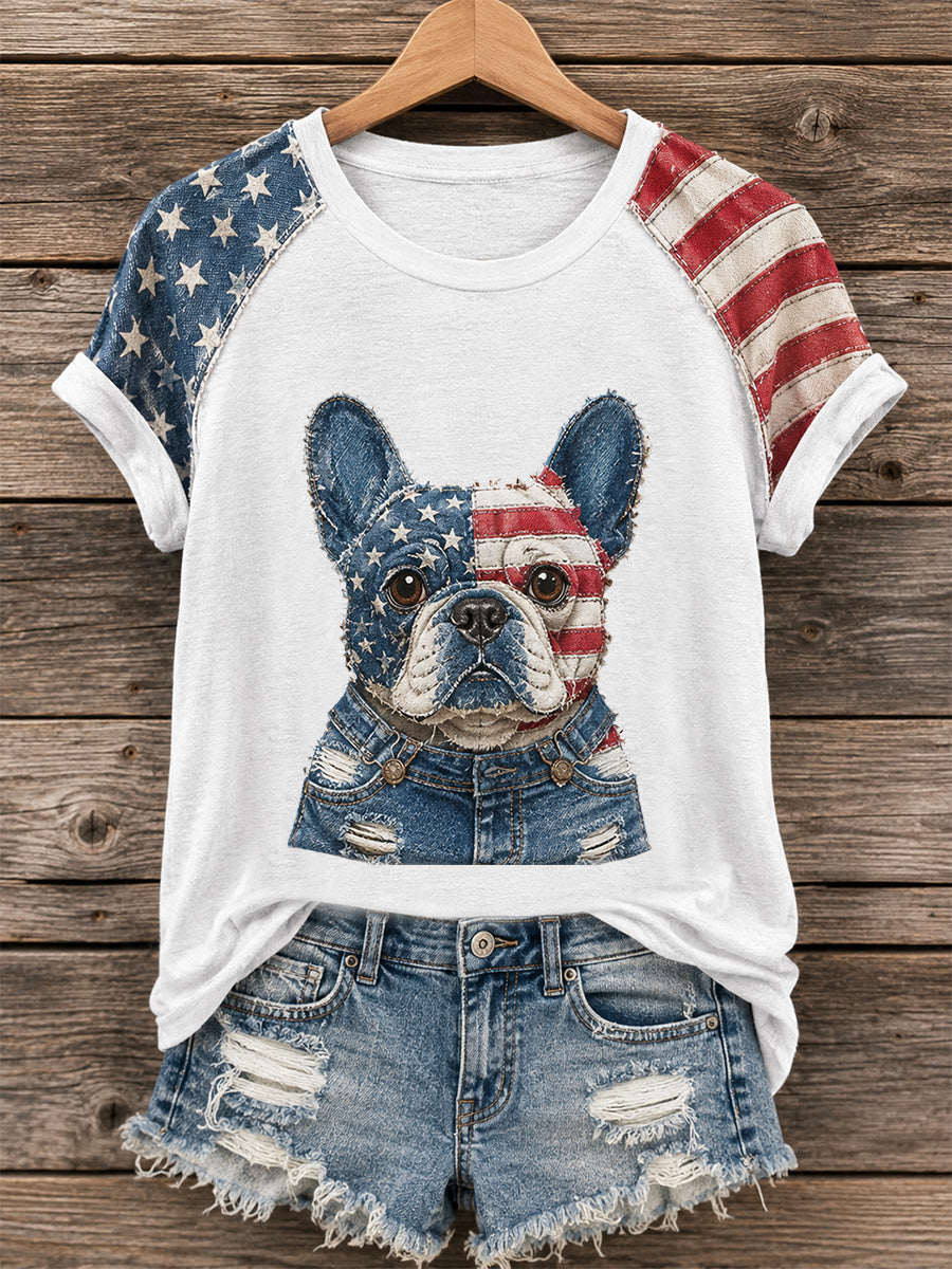Women's Independence Day Dog Print Casual Tee