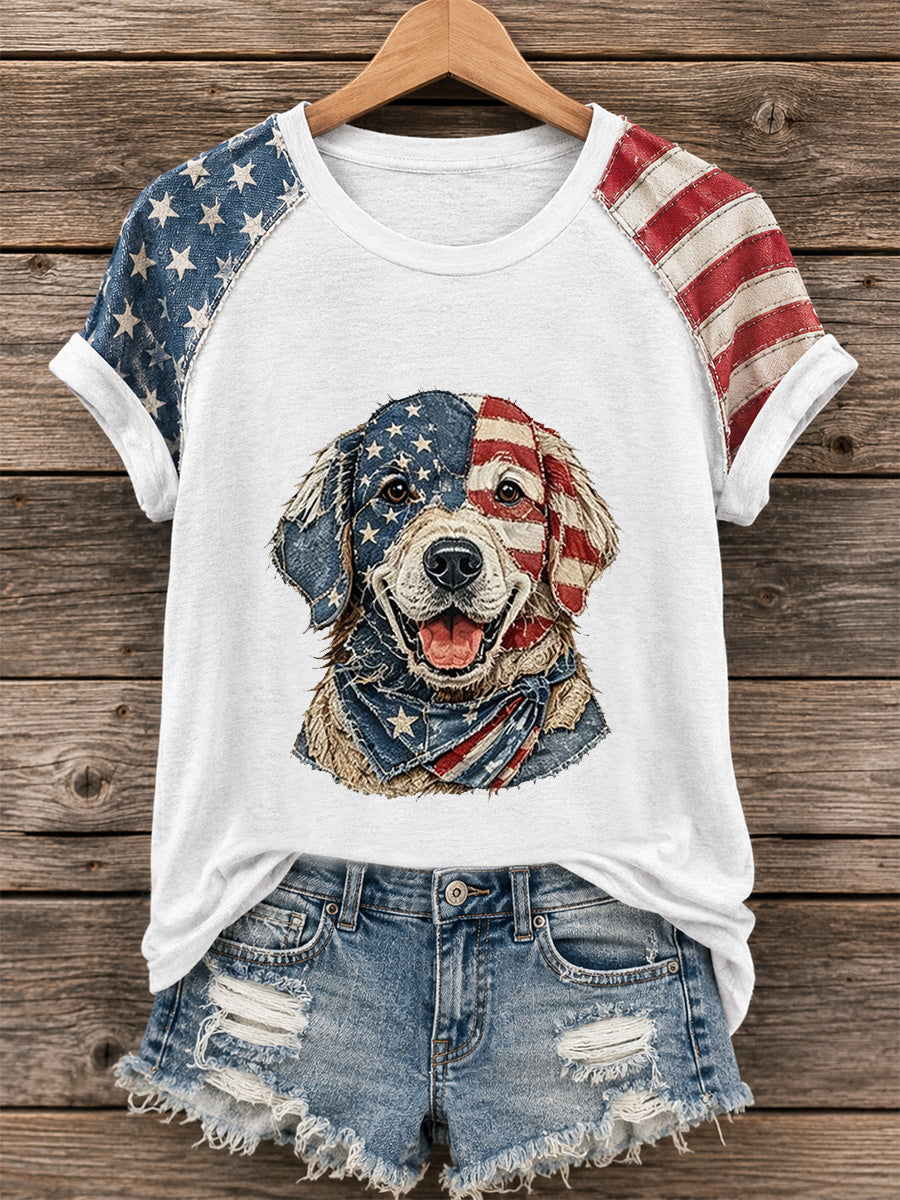 Women's Independence Day Dog Print Casual Tee