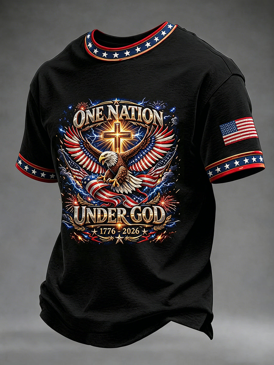 Men's Independence Day USA Flag One Nation Under God Art Short Sleeve T-shirt