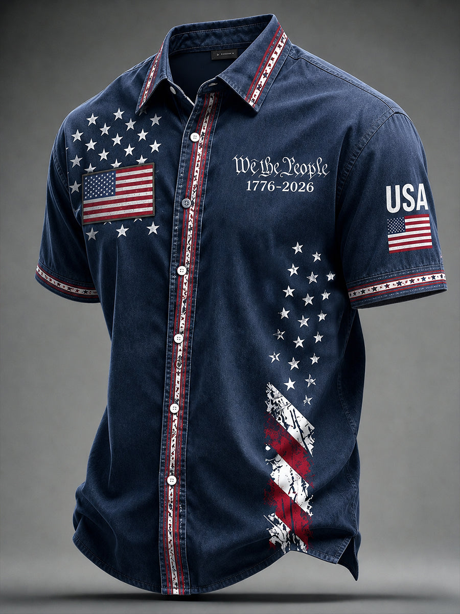 Retro Independence Day USA Flag Print Short Sleeve Shirt