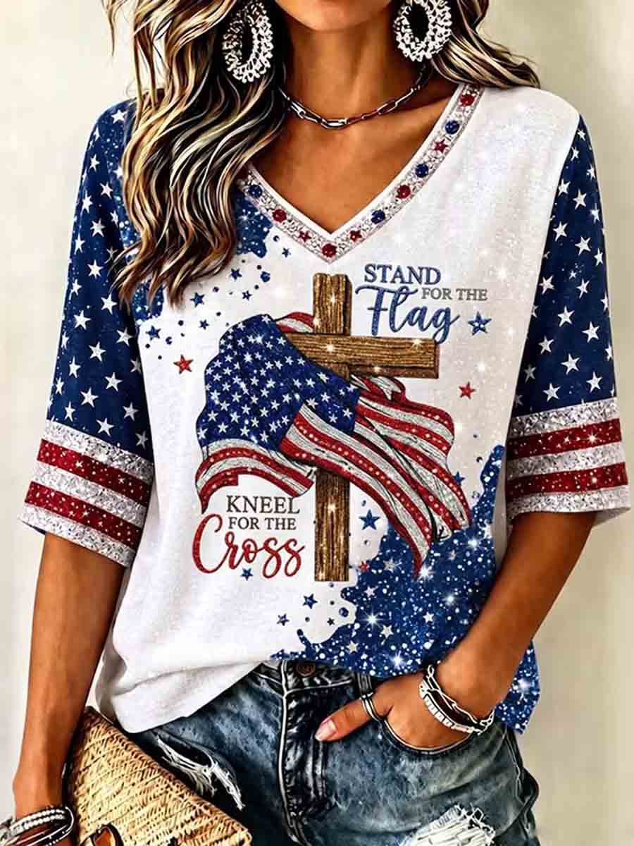 Women's Independence Day Faith Flag Art Print V-Neck T-Shirt