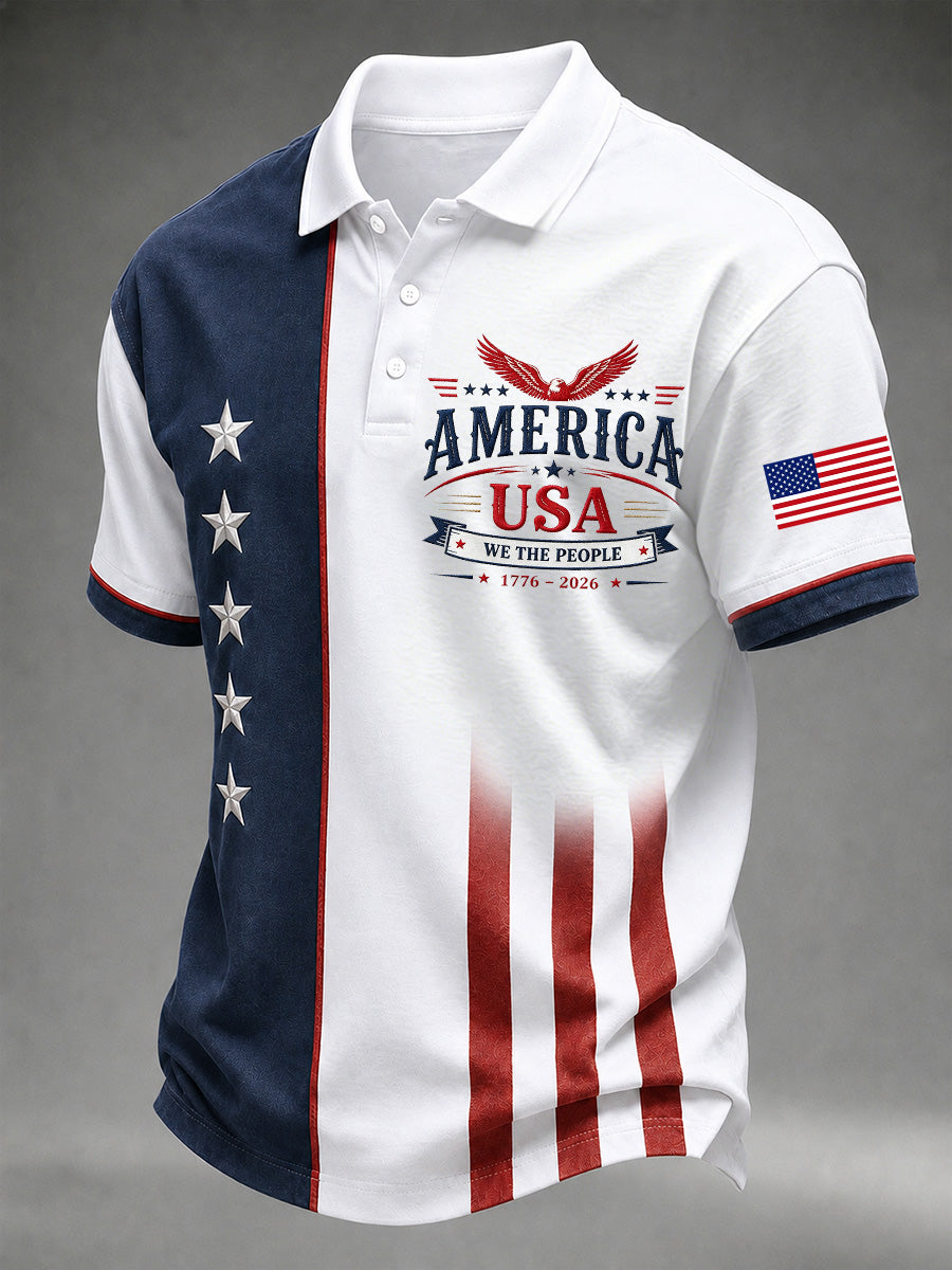 Men's Independence Day USA Flag Print Casual Polo