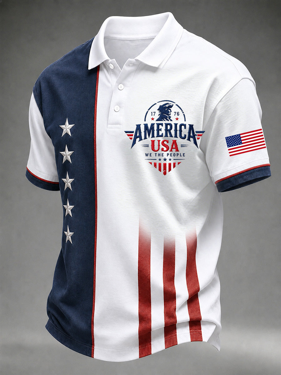 Men's Independence Day USA Flag Print Casual Polo