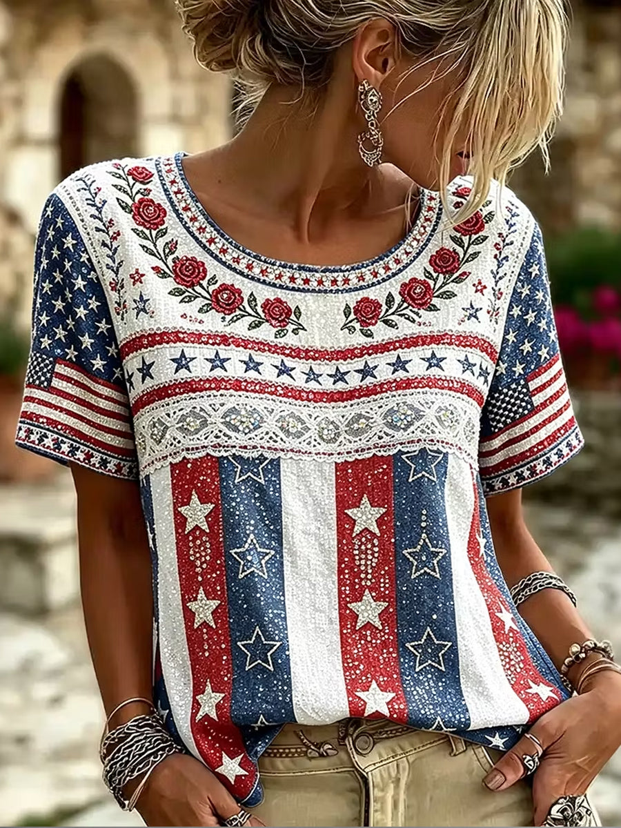 Women's Independence Day Flag Art Print Crew Neck Linen Short Sleeves Top