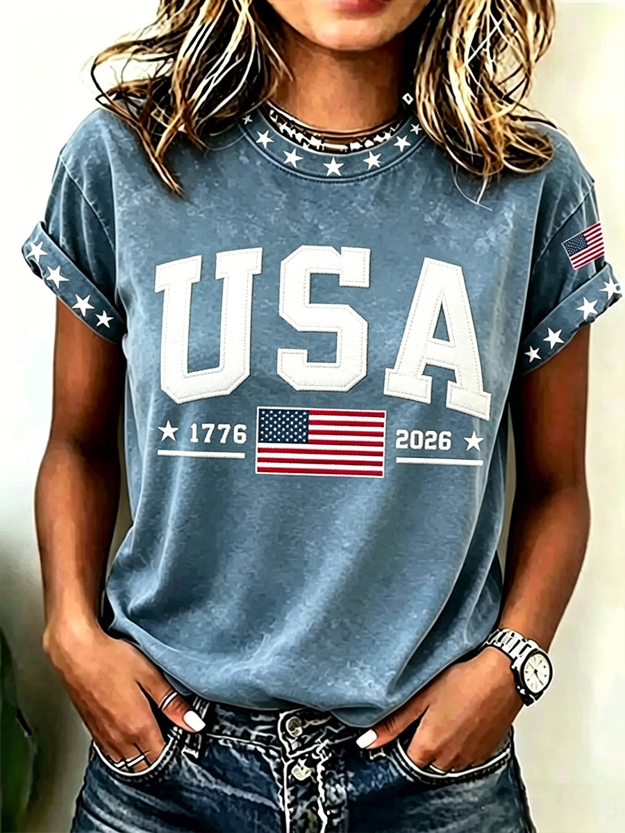 Women's Vintage Independence Day USA Flag Art Print Short Sleeve T-shirt