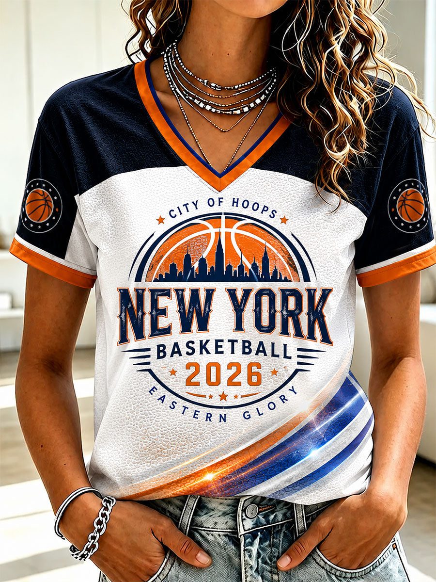 Women's New York Basketball Printed V-neck T-shirt