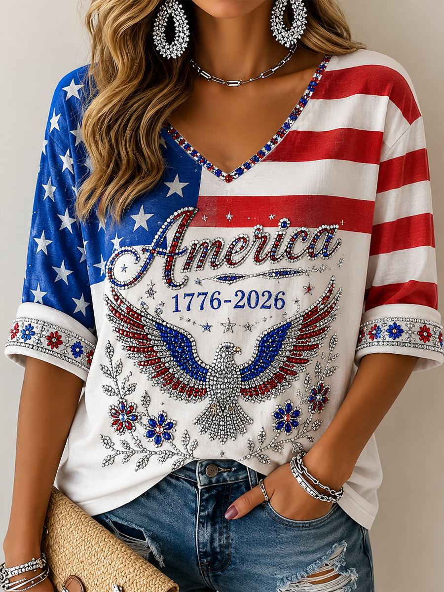 Women's America Floral Print Casual T-shirt