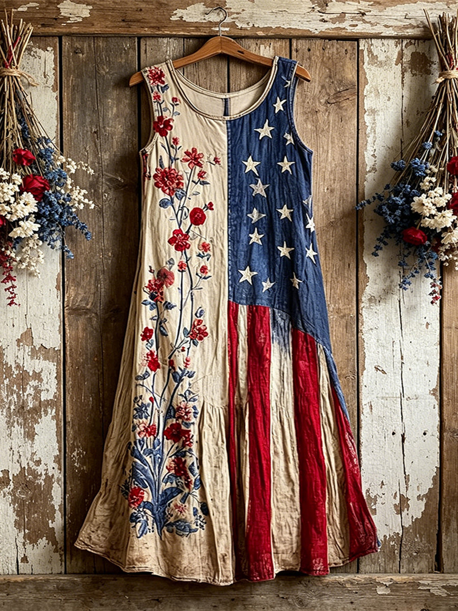 Women's Vintage American Flag Inspired Pattern Print Dress