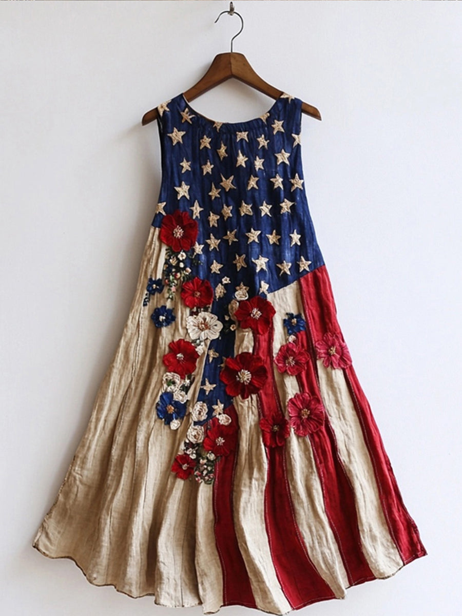 Women's VIntage Floral American Flag Inspired Pattern Print Dress