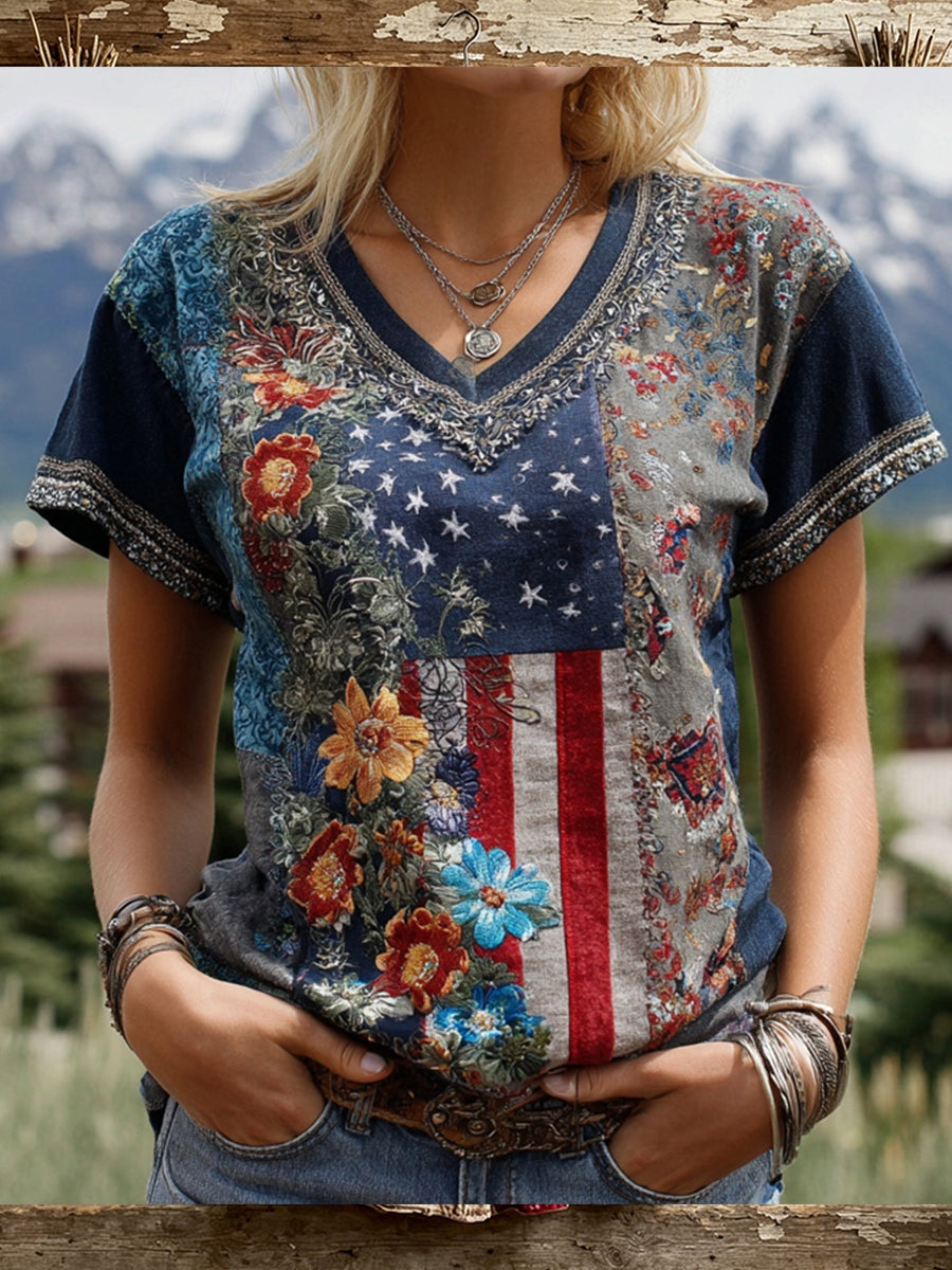 Women's Vintage Floral American Flag Print Short-sleeved T-shirt
