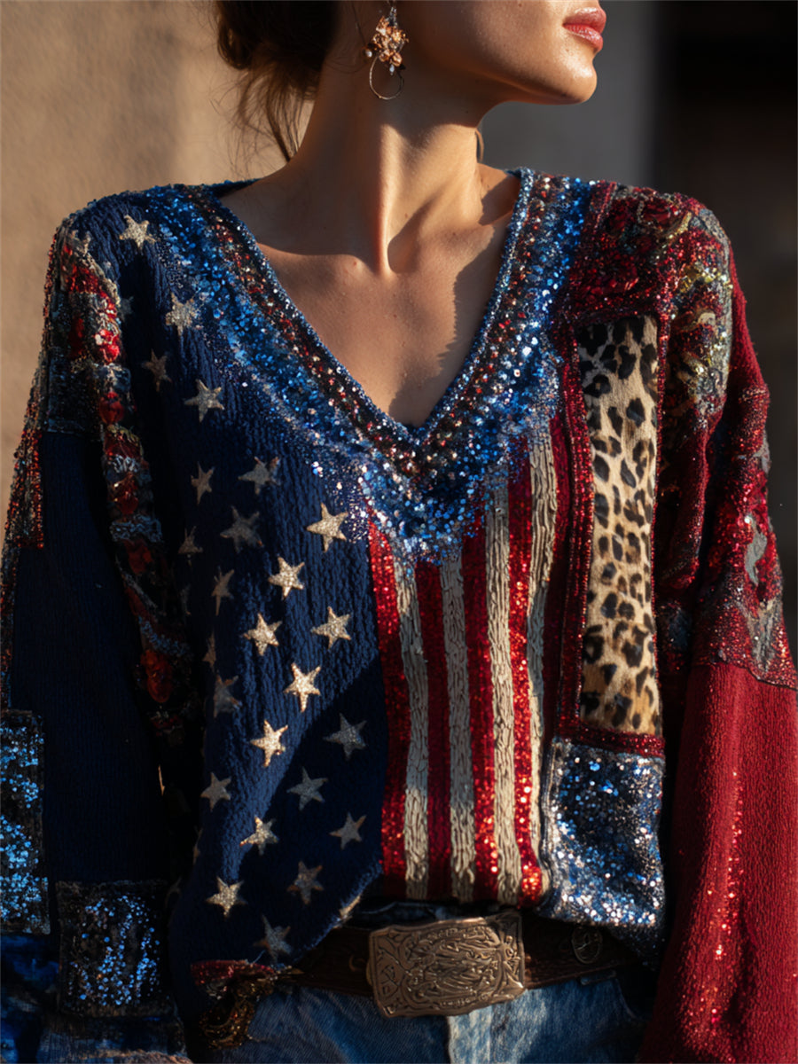 Women's Vintage American Flag Leopard Patchwork Glitter Print Cotton-Linen Shirt