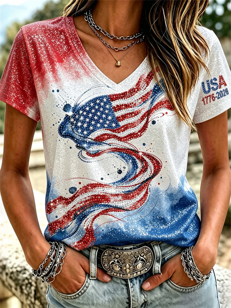 Women's USA 1776-2026 American Flag Abstract Glitter Print short-sleeved T-shirt