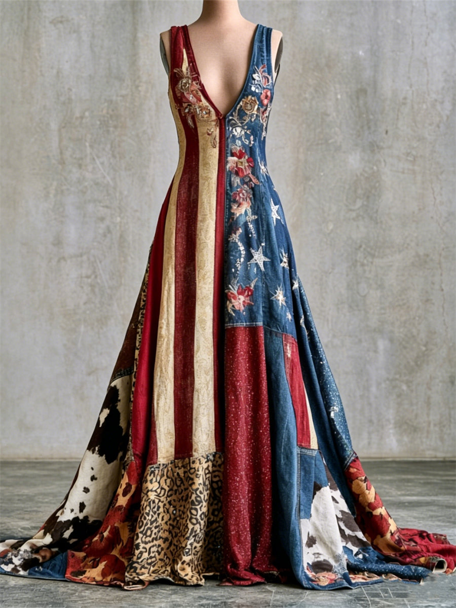 Women's Vintage American Flag Cowhide Leopard Patchworj Floral Art Print Maxi Dress