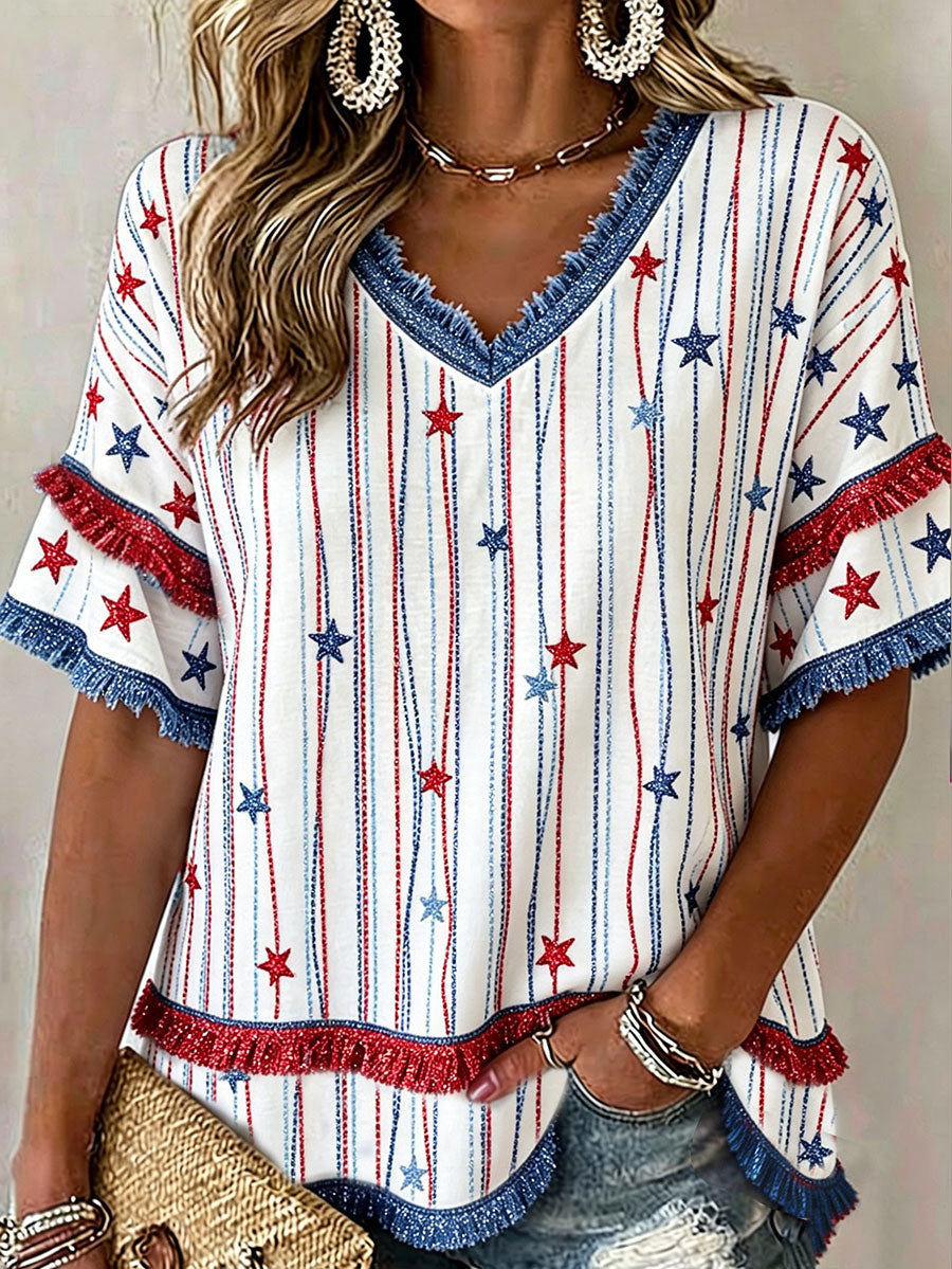 Women's 4th of July Independence Day Art Printed Linen Tops