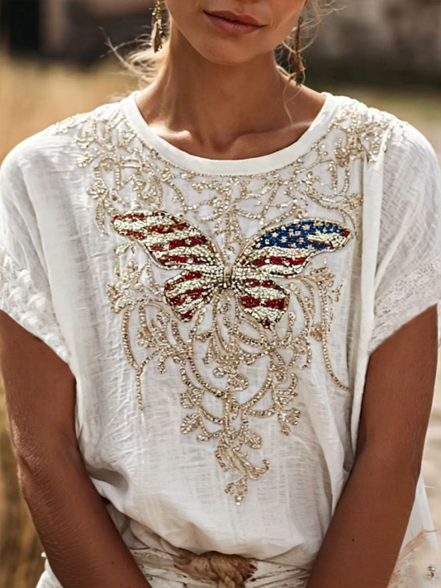 Women's American Flag Butterfly Print Casual T-Shirt