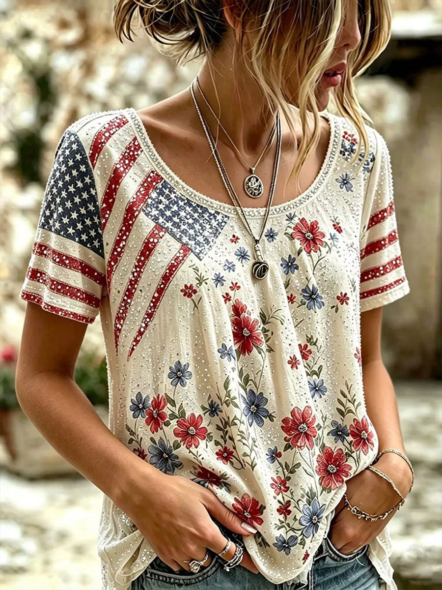 Women's American Flag Floral Print Casual T-Shirt