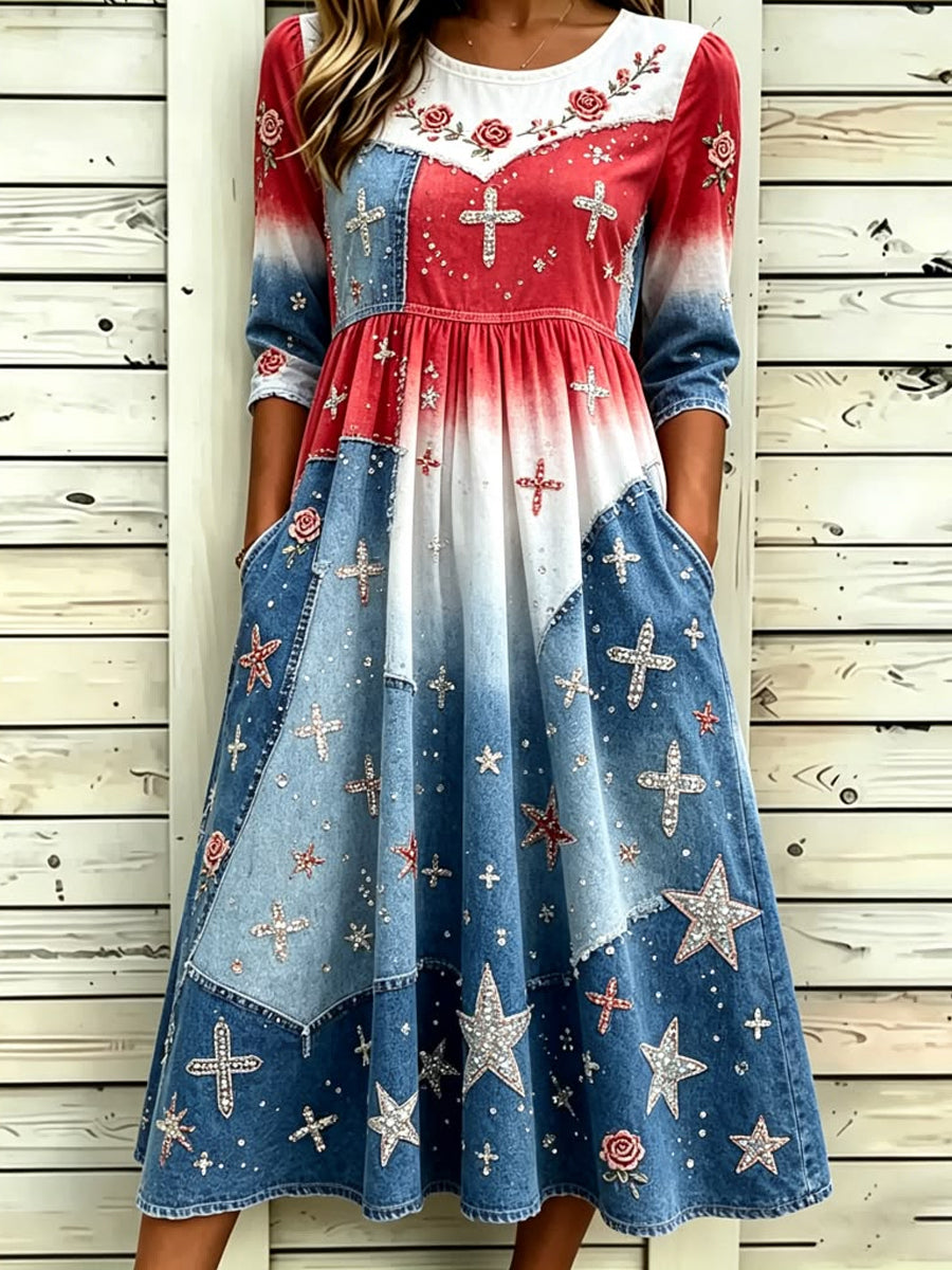 Women's American Flag Inspired Glitter Cross Print Cotton Linen Dress