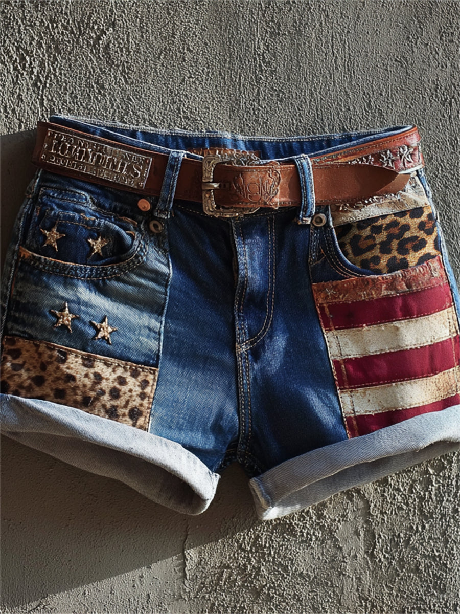 Women's Vintage American Flag Leopard Patchwork Art Print Denim Shorts