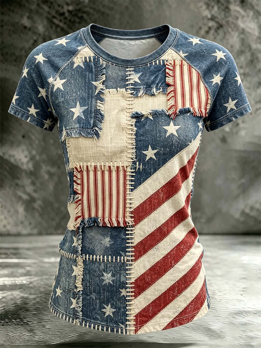 Women's retro American flag element design printed round neck short sleeve T-shirt