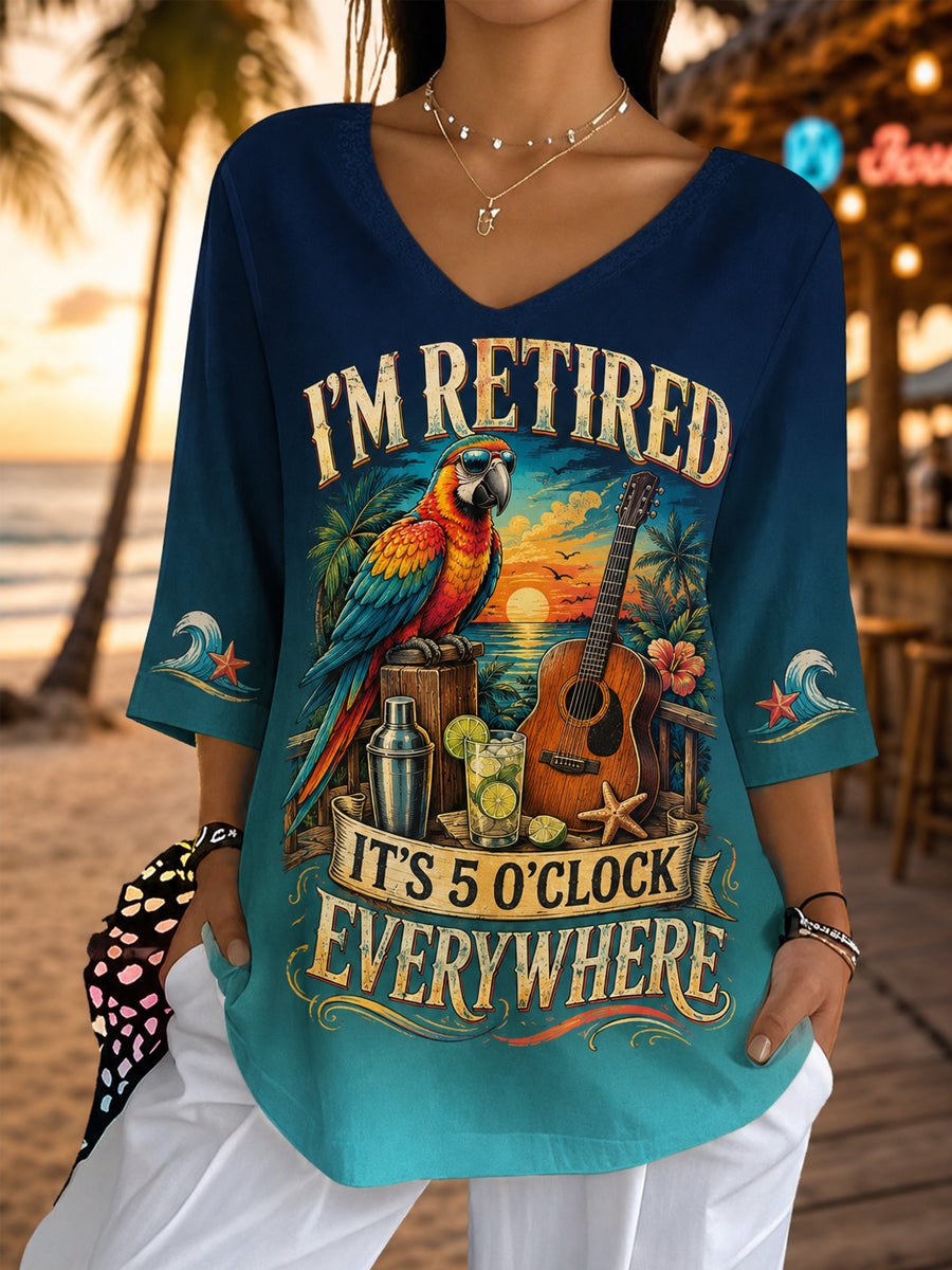 Women's I'm Retired It's 5 O'clock Everywhere Parrot Print Casual Half-Sleeve Top