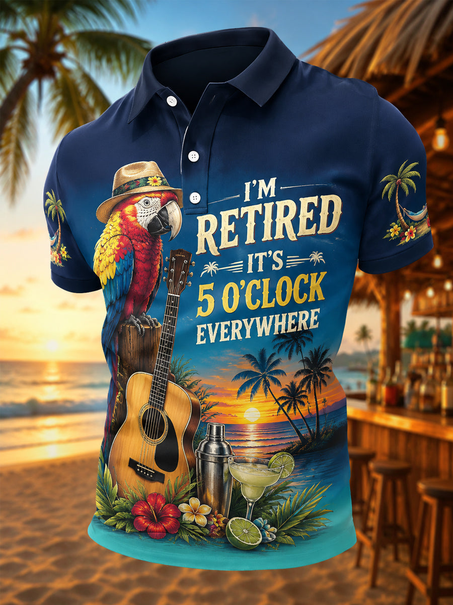Men's I'm Retired It's 5 O'clock Everywhere Parrot Print Casual Polo