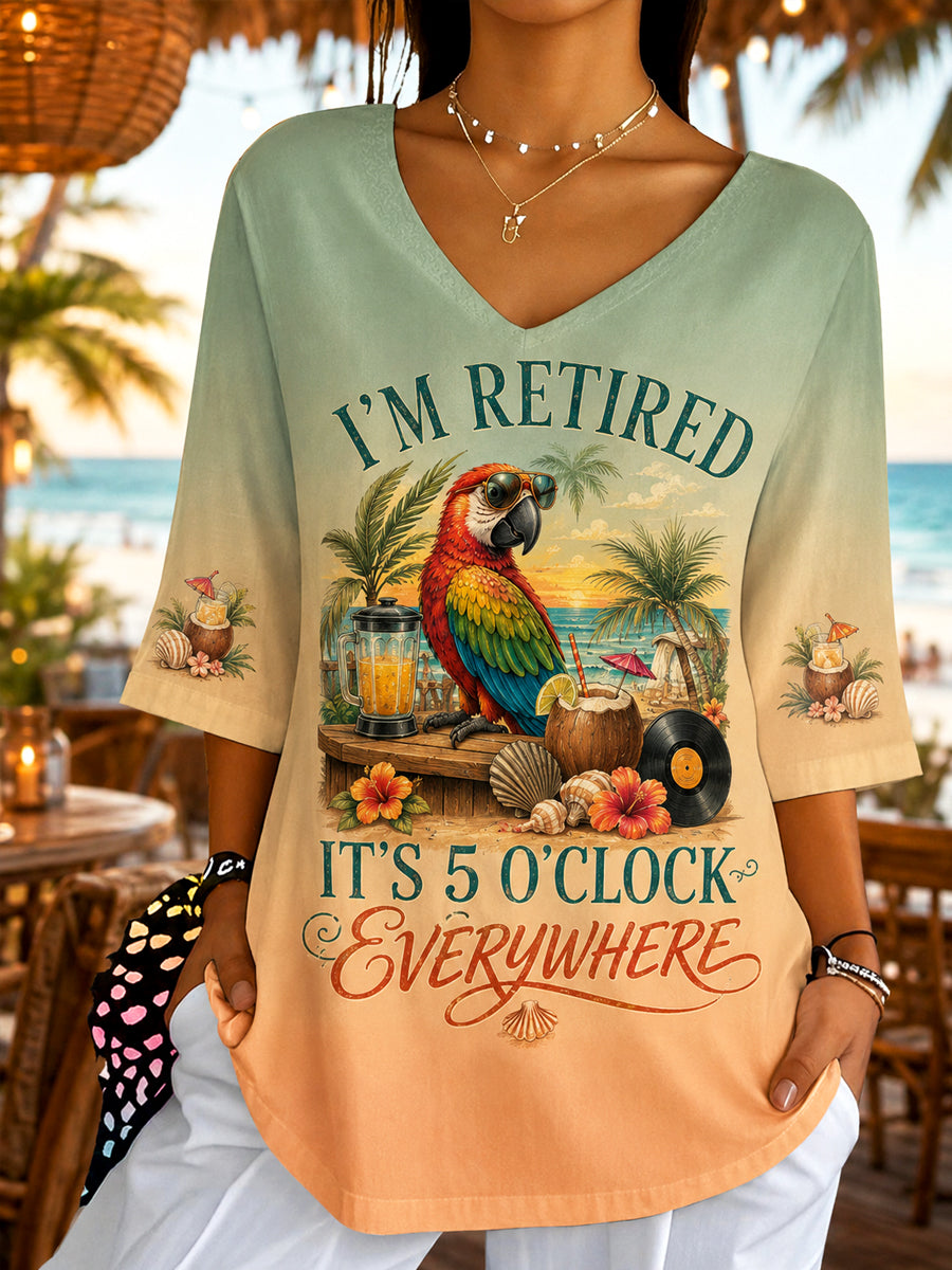 Women's I'm Retired It's 5 O'clock Everywhere Parrot Print Casual Half-Sleeve Top