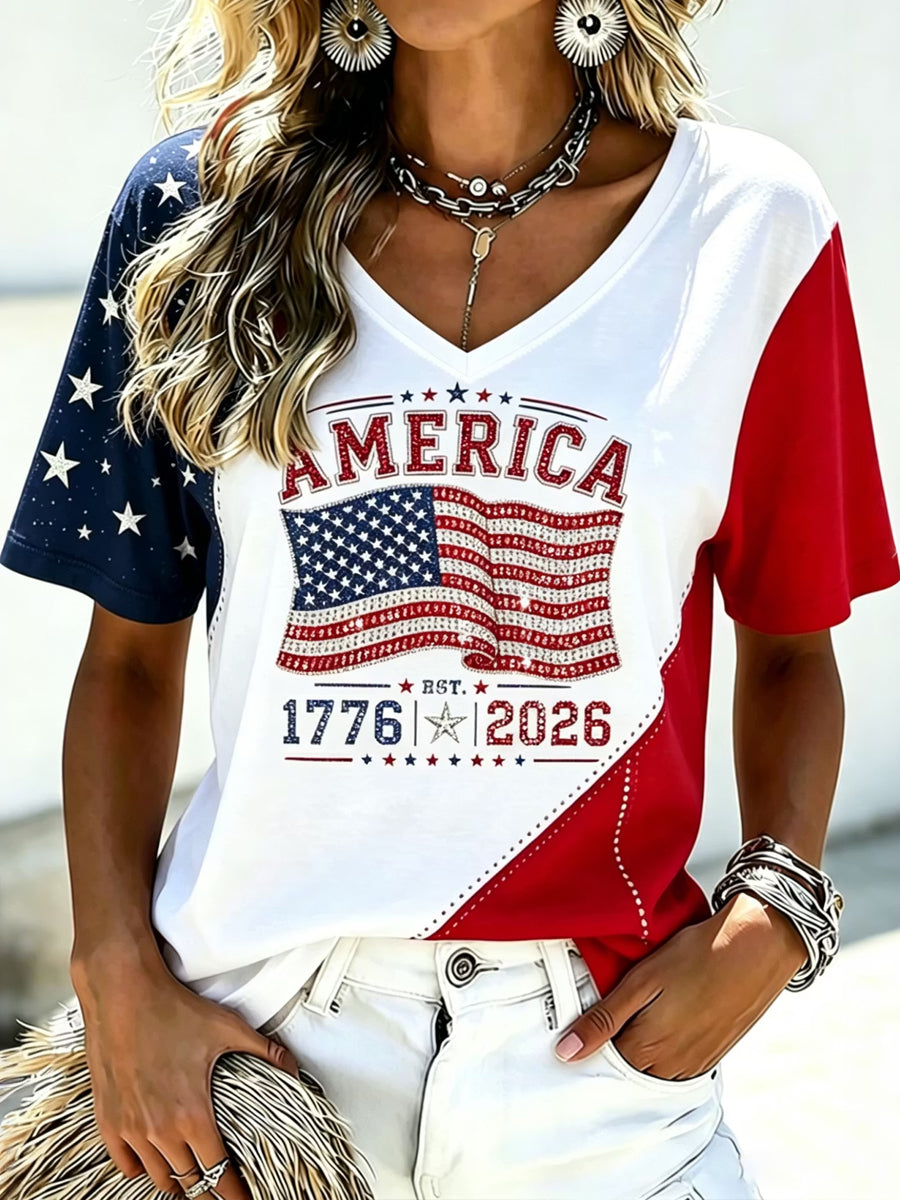 Women's Independence Day American Flag Art V-neck T-shirt