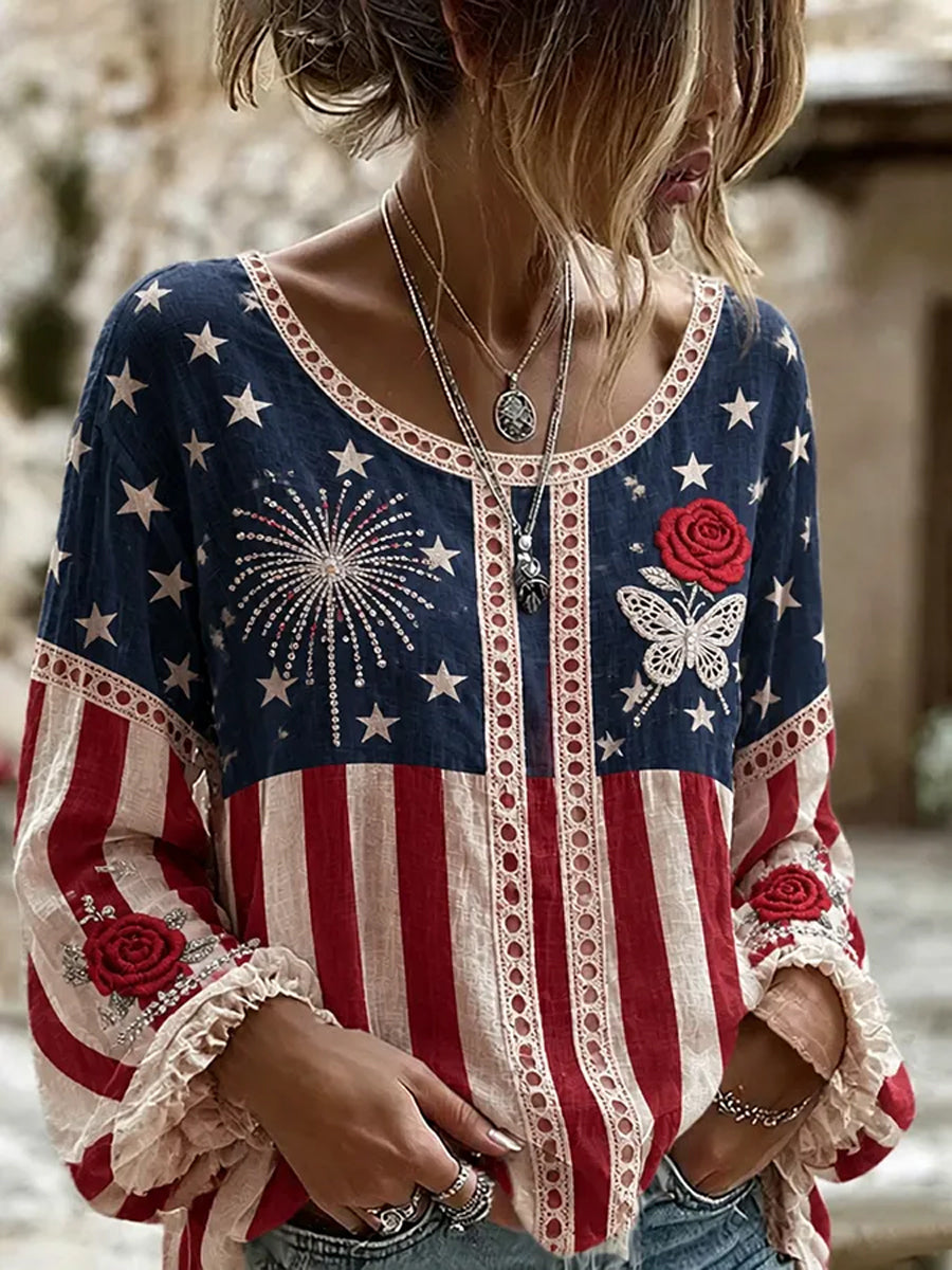 Women's America Print Cotton-Linen Shirt