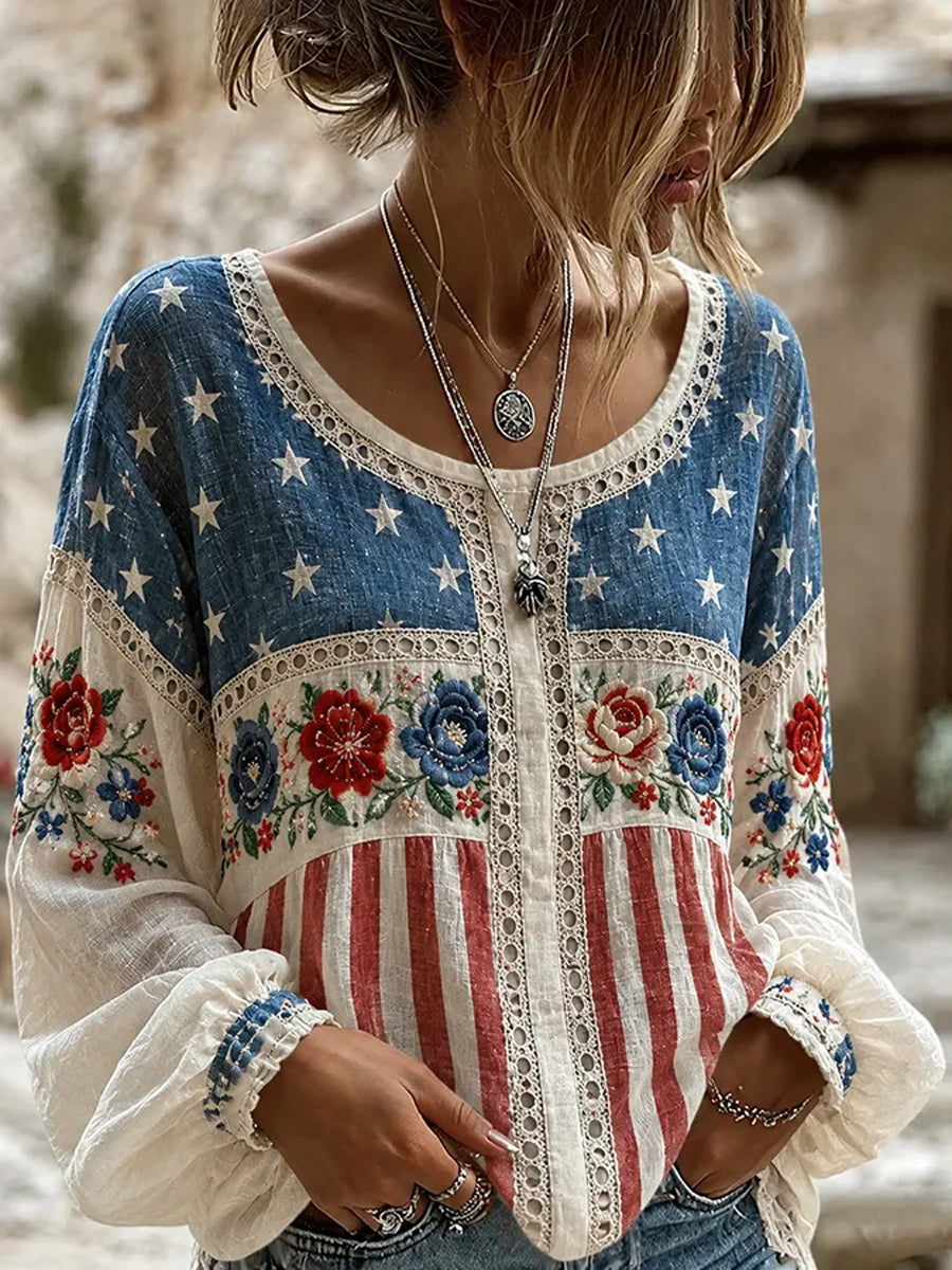 Women's America Print Cotton-Linen Shirt
