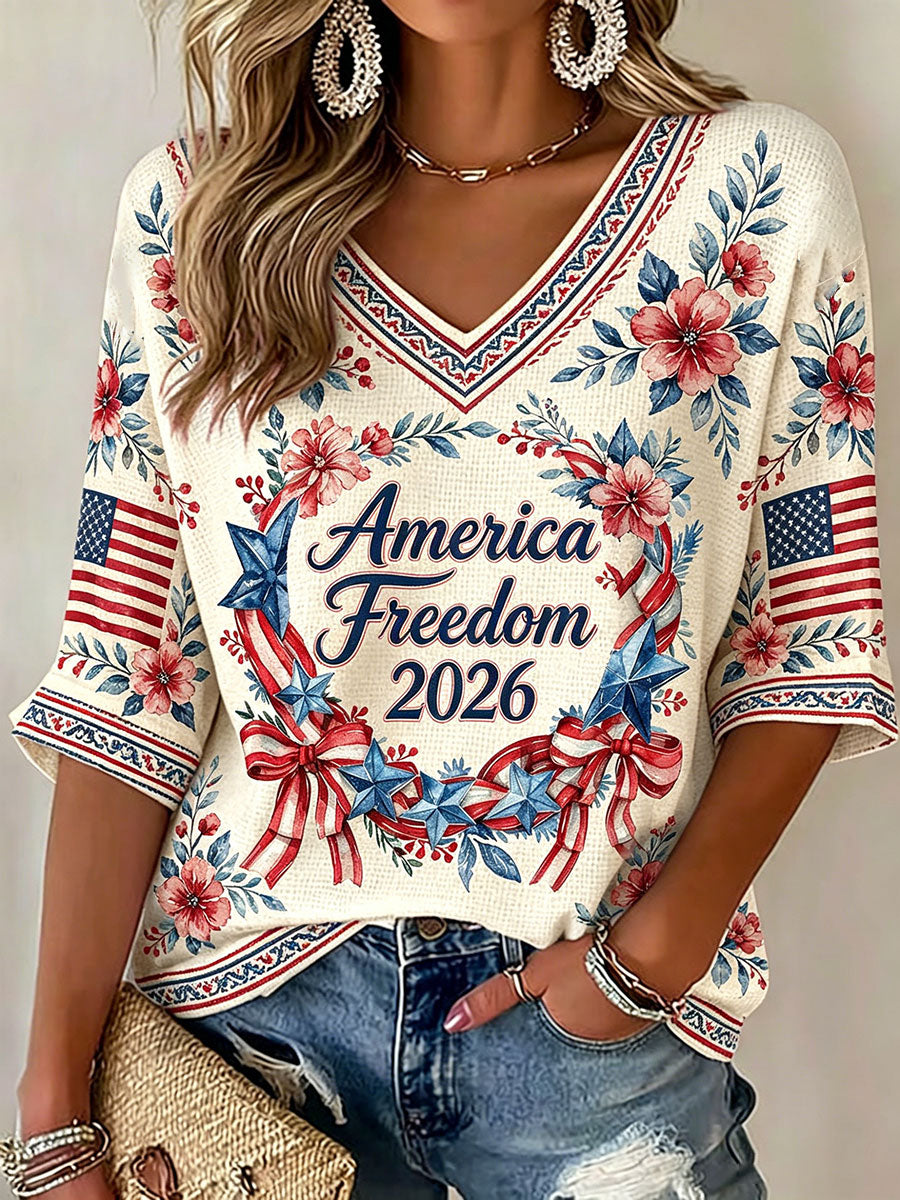 Women's American Independence Day "Freedom" Wreath Casual Waffle T-shirt