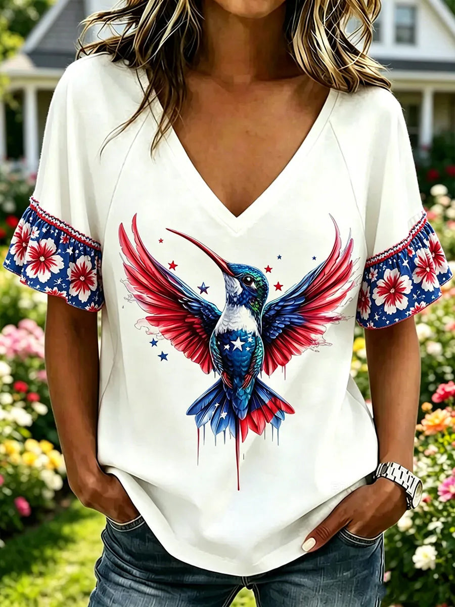 Women's Independence Day American Flag Hummingbird Art Short Sleeve T-Shirt
