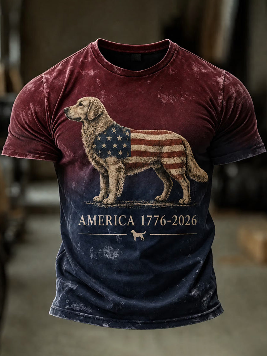 Men's Independence Day USA Flag Dog Print Casual Patriotic Tee