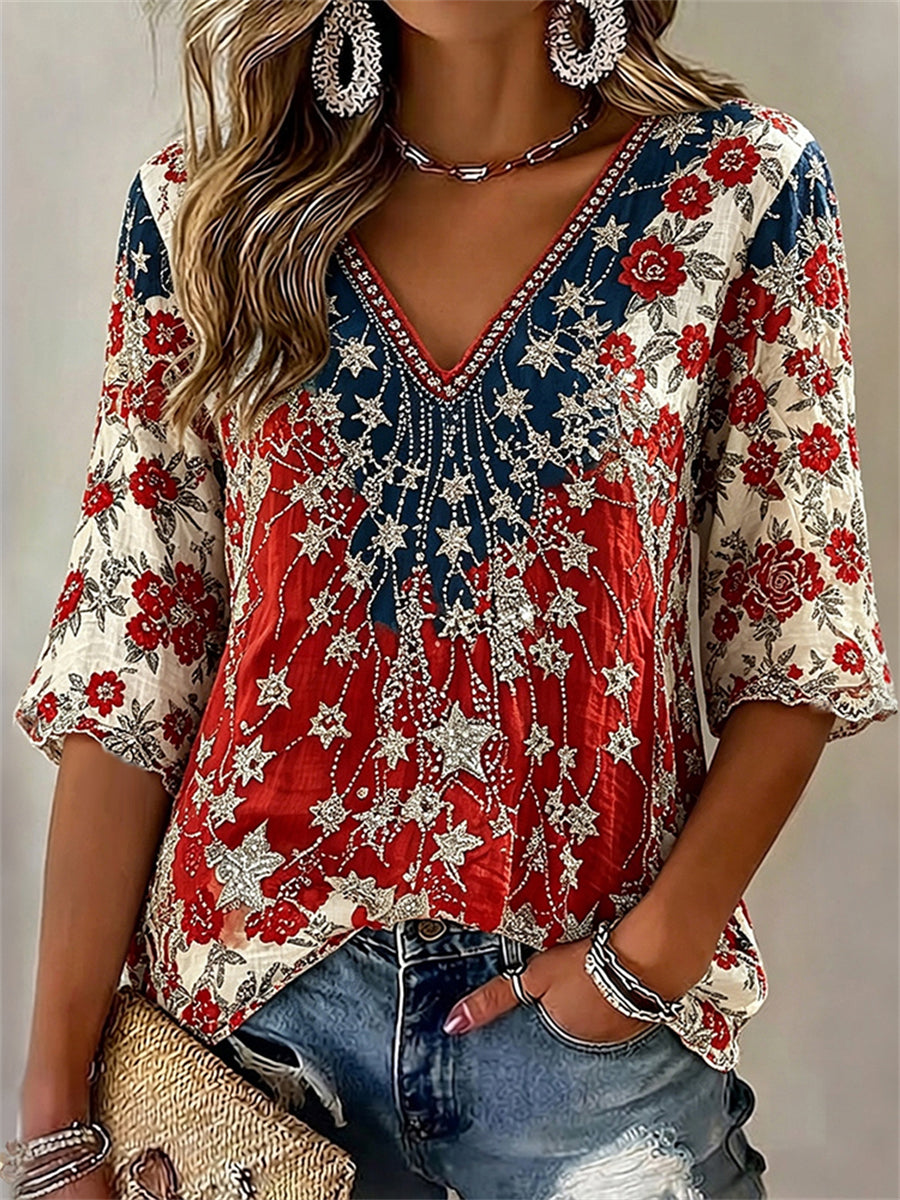 Women's American Flag Inspired Stars Floral Print linen T-shirt