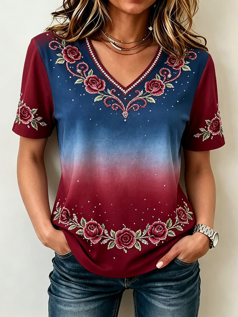 Women's Floral Independence Day Print Casual Patriotic V-Neck Tee