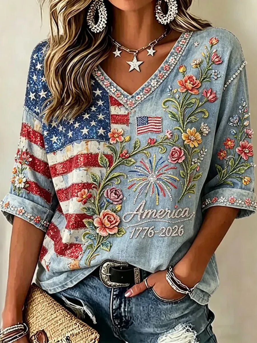 Women's Vintage American Anniversary Flag And Floral Print Mid-length Sleeves V-Neck T-Shirt