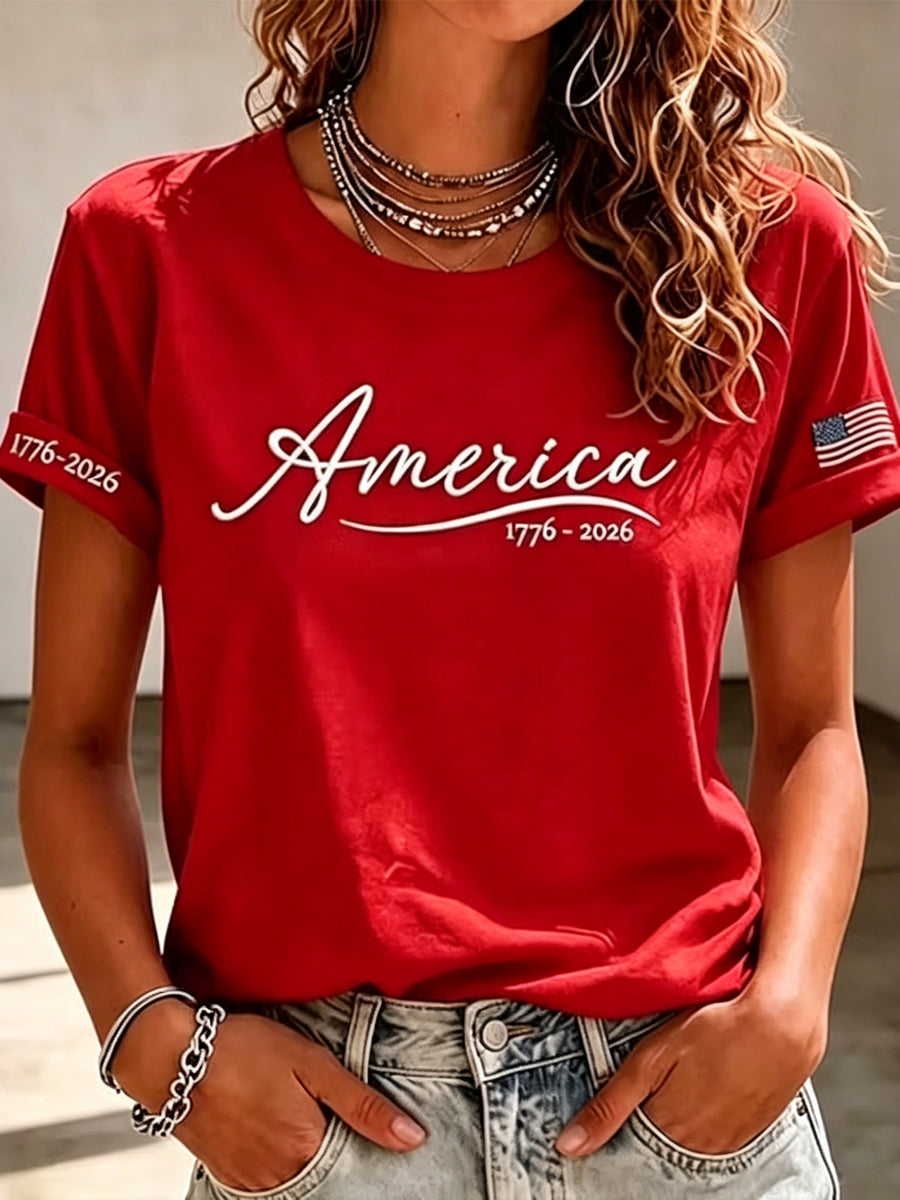 Women's Independence Day 1776-2026 American Flag Print Short-sleeved T-shirt
