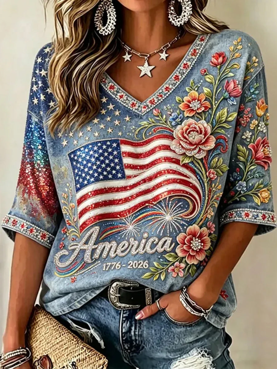 Women's Vintage American Anniversary Flag And Floral Print Mid-length Sleeves V-Neck T-Shirt