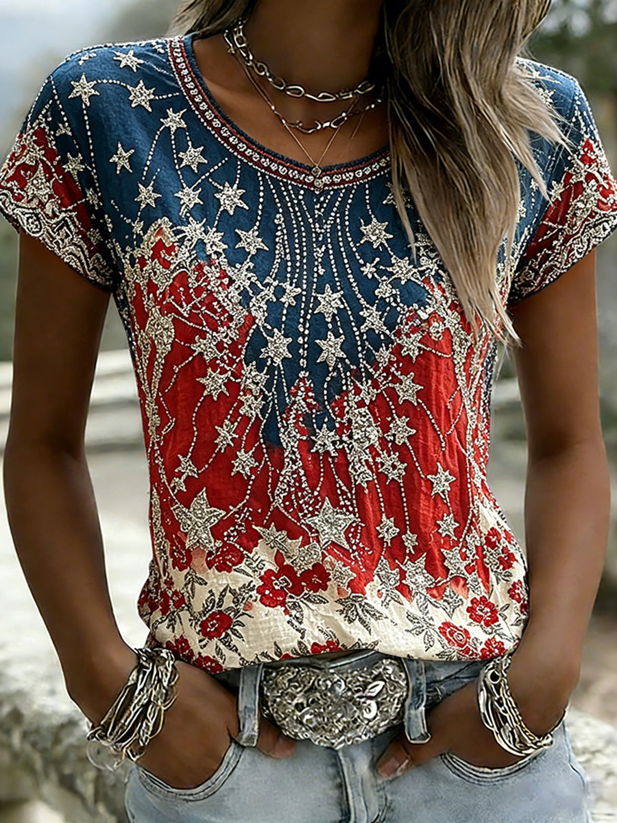 Women's Vintage American Flag Inspired Pattern Print Short-sleeved T-shirt